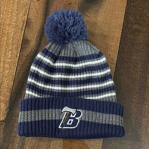 Striped Pom Beanie with Embroidered 'B' Logo - Navy & Gray